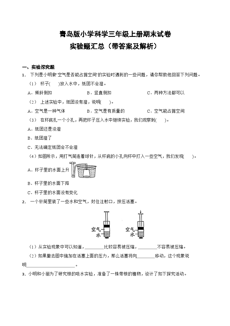 青岛版小学科学三年级上册期末试卷--实验题汇总