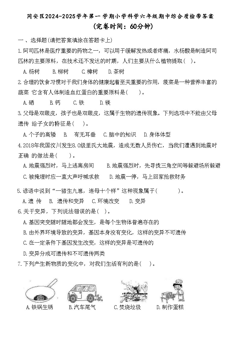 福建省厦门市同安区大同中心小学2024--2025学年六年级上学期期中考试科学试卷01
