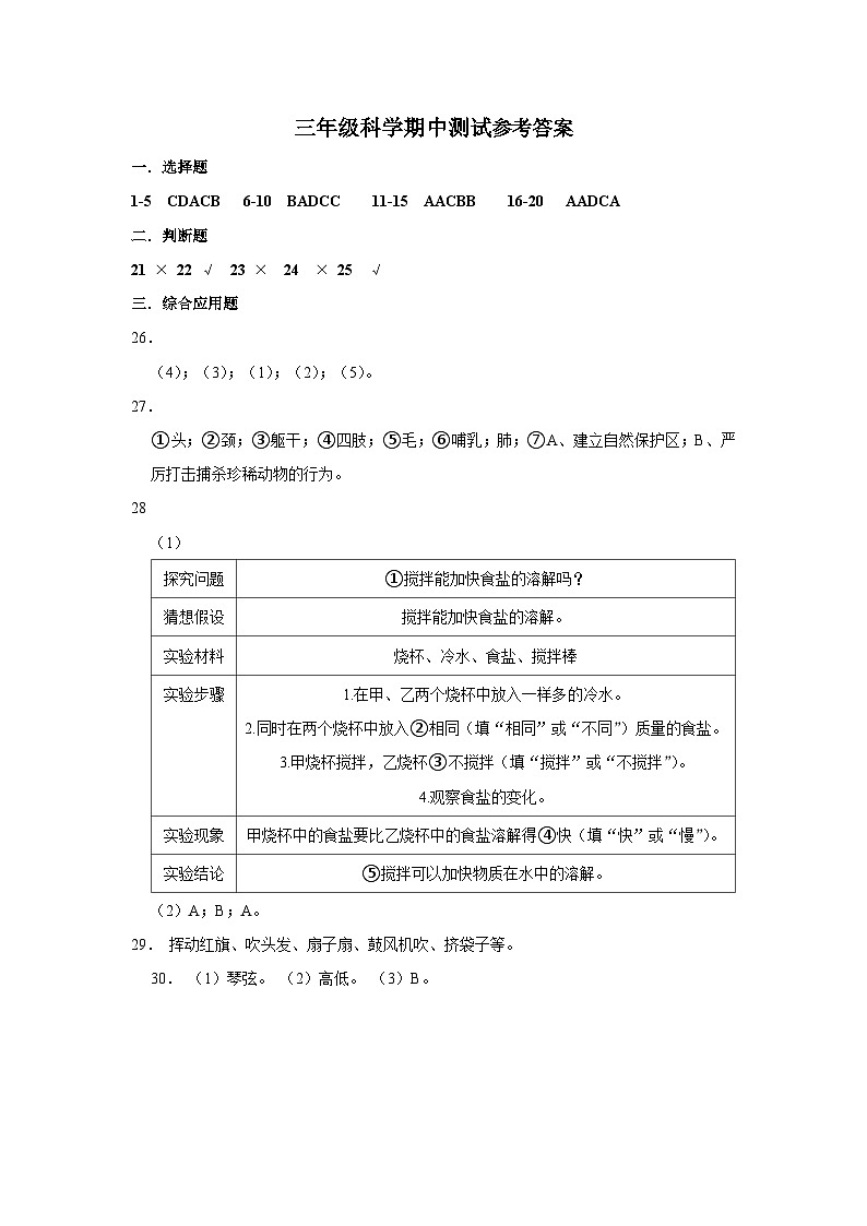 三年級(jí)科學(xué)期中測(cè)試參考答案第1頁(yè)