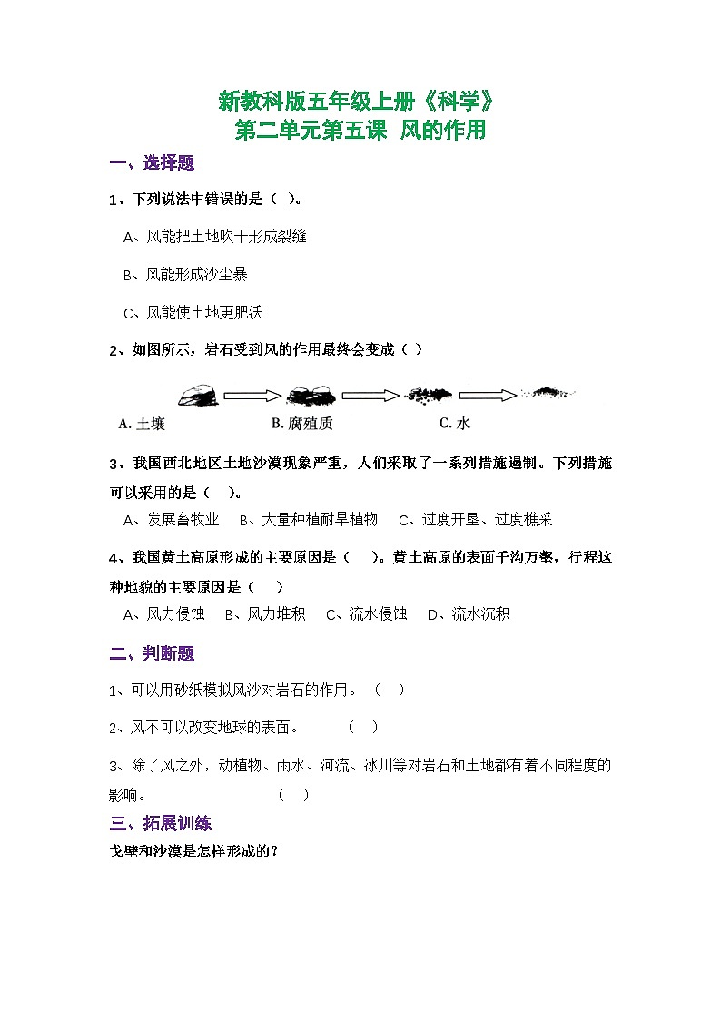 新教科版五年级上册《科学》课时练习第二单元第五课 风的作用【后附参考答案】01