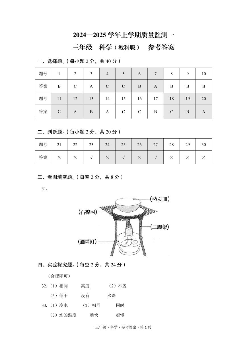 云南省文山壮族苗族自治州丘北县2024—2025学年三年级上学期第一次月考科学试卷