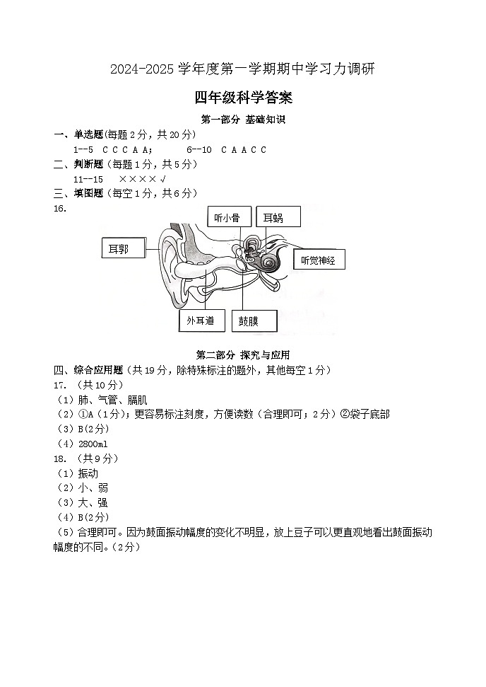 2024-2025学年度第一学期期中学习力调研(四年级科学)答案第1页
