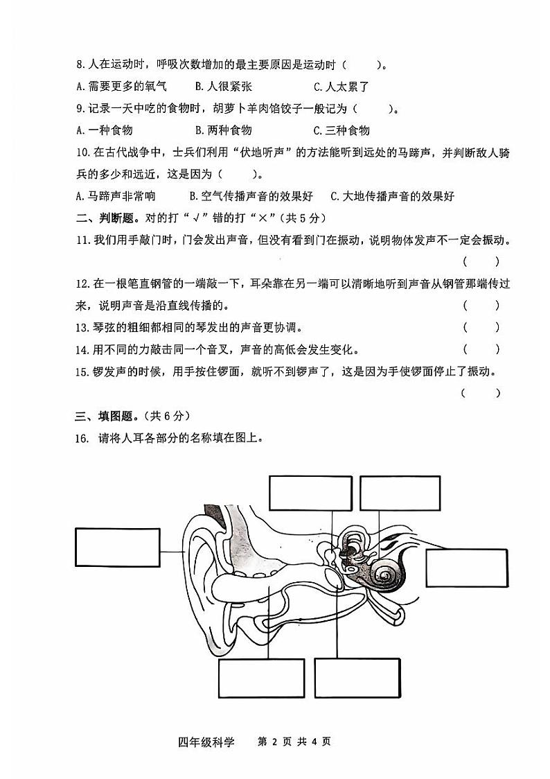 山东省滨州市阳信县2024-2025学年四年级上学期期中考试科学试题第2页