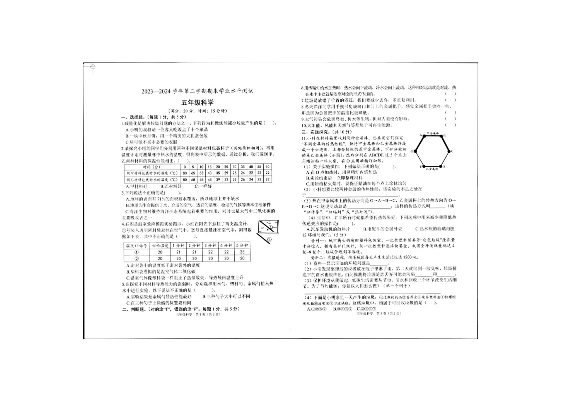 山东省菏泽市定陶区2023-2024学年五年级下学期期末科学试卷