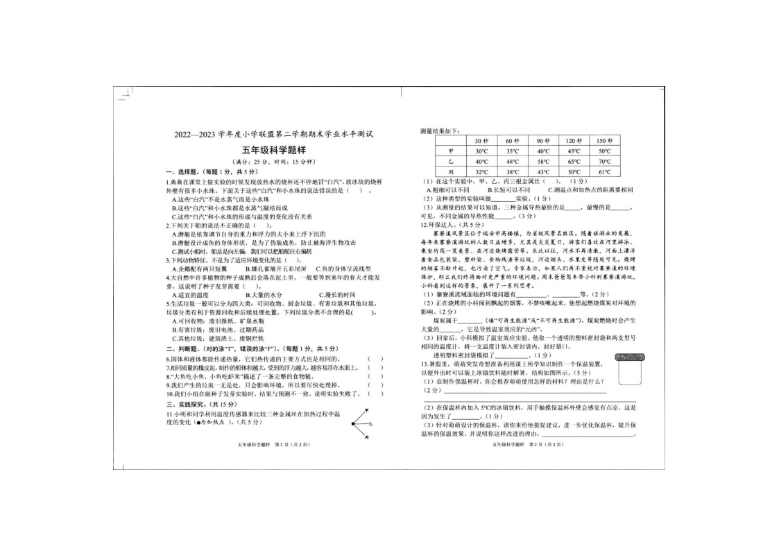 山东省菏泽市定陶区2022-2023学年五年级下学期期末科学试卷