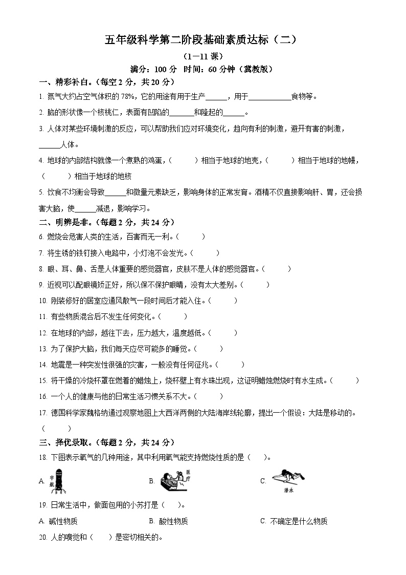 2024-2025学年河北省邢台市威县第什营校区冀人版五年级上册期中考试科学试卷（原卷版）-A4