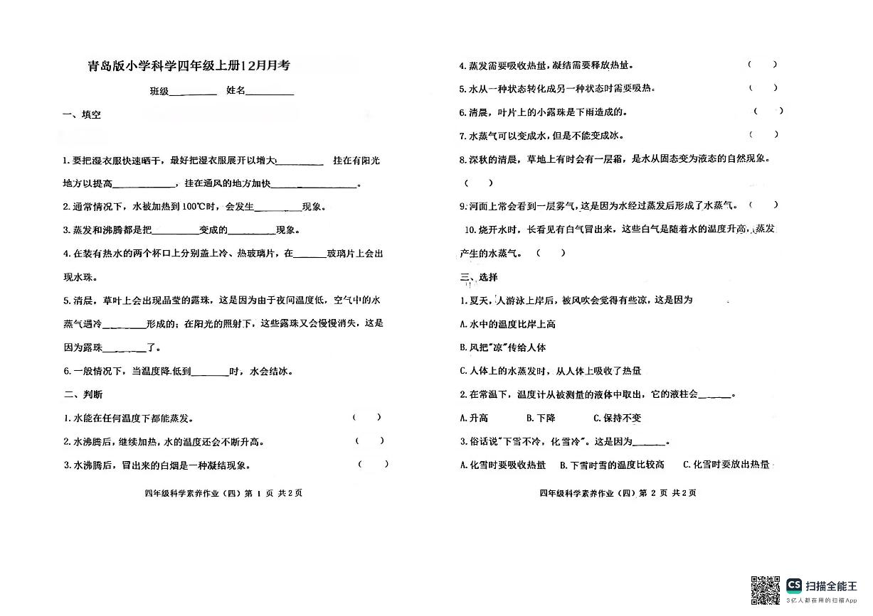 山东省潍坊市安丘市多校联考2024-2025学年四年级上学期12月月考科学试题