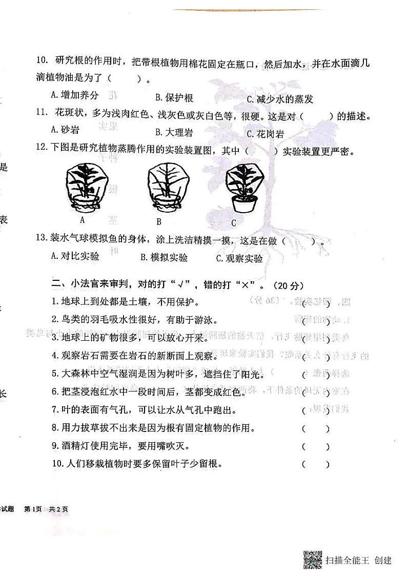 山东省济宁市微山县2024-2025学年三年级上学期期中质量检测科学试题第2页