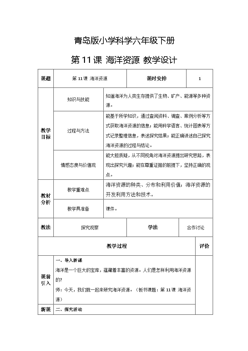 青島版六三制（2017）科學(xué)六年級(jí)下冊(cè) 第11課《海洋資源》教案第1頁