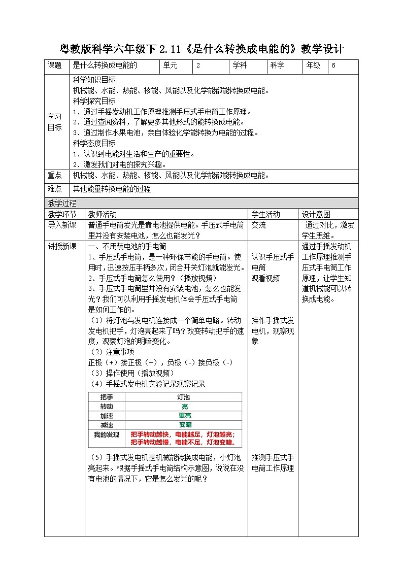 粤教粤科版(2019)科学六下 2.11《是什么转换成电能的》教案第1页