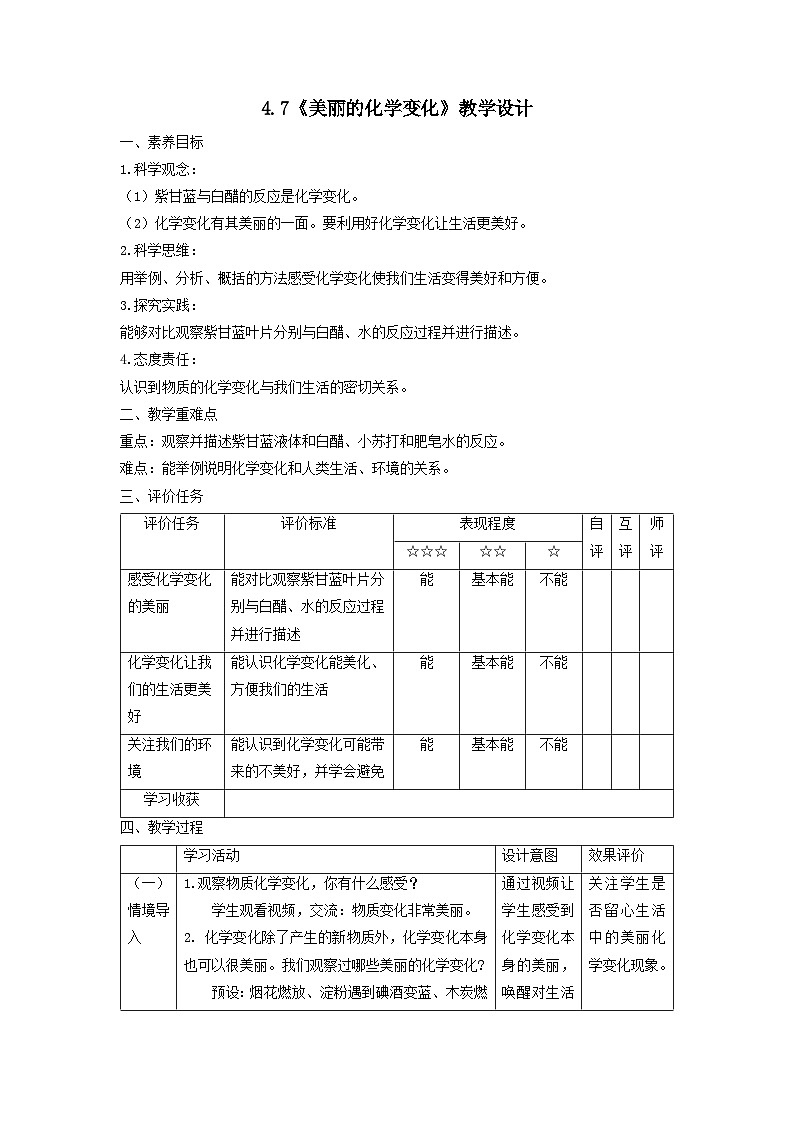 【核心素养】教科版科学六年级下册 4.7《美丽的化学变化》教案第1页