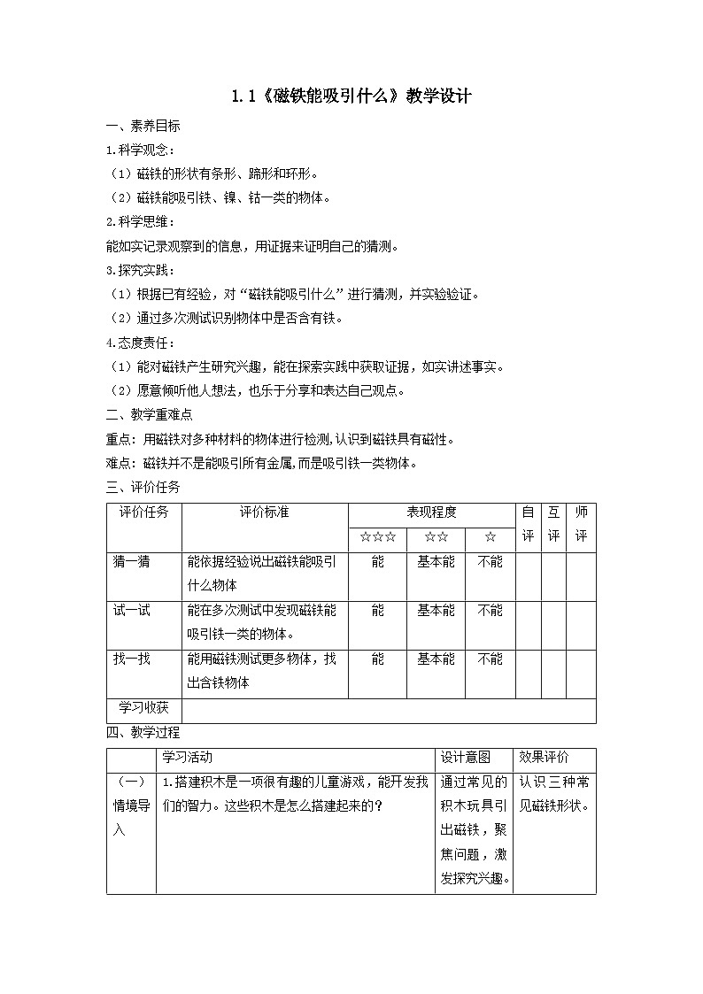 【核心素養(yǎng)】教科版科學二年級下冊 1.1《磁鐵能吸引什么》教案第1頁