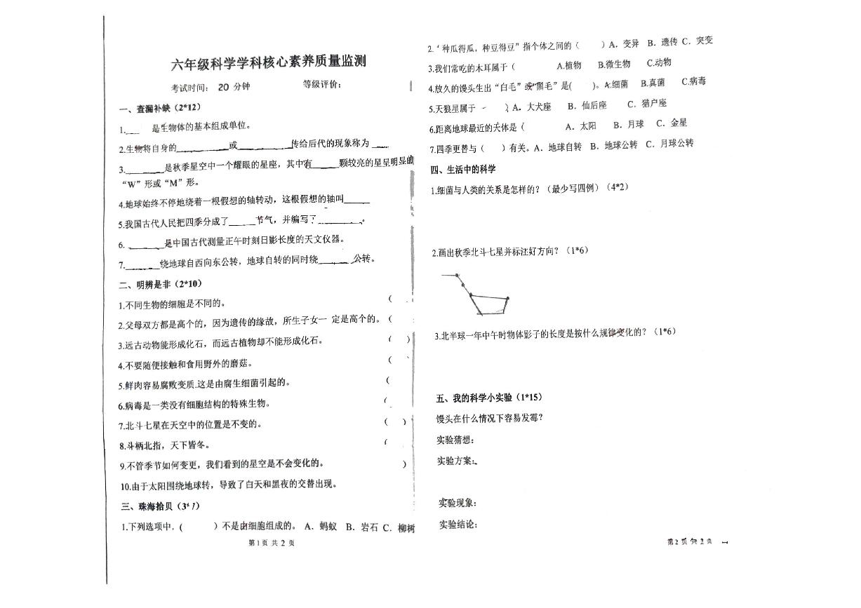 山东省临沂市平邑县街道第一中心校等六校2024-2025学年六年级上学期期中考试科学试题