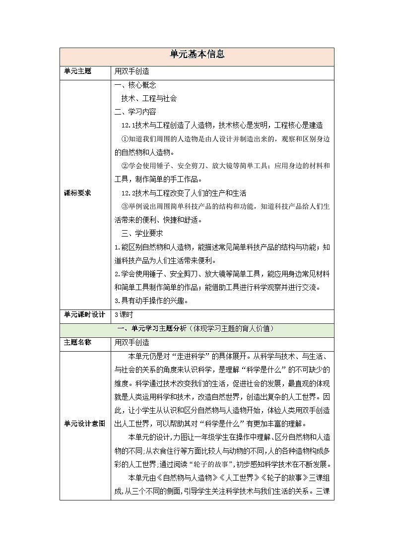 【大单元整体教学】第四单元《用双手创造》整体设计第1页