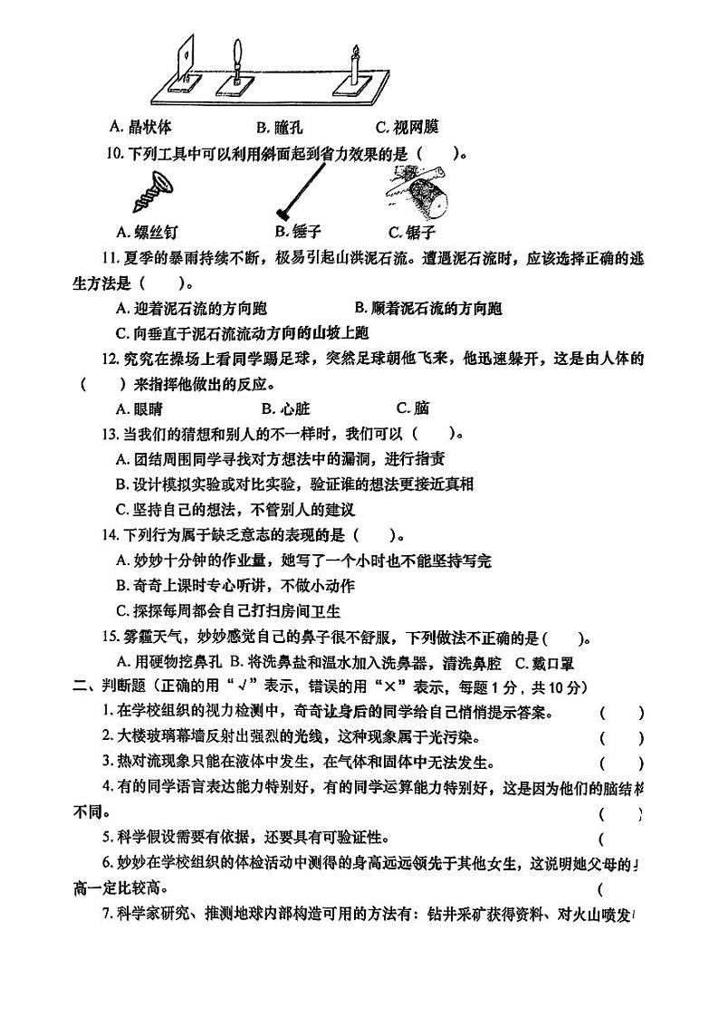 河南省洛阳市涧西区2024-2025学年五年级上学期期末考试科学试题++大象版第2页