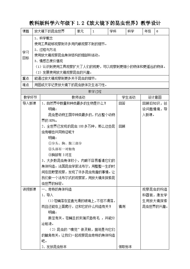 科教版科学六下1.2《放大镜下的昆虫世界》教案第1页