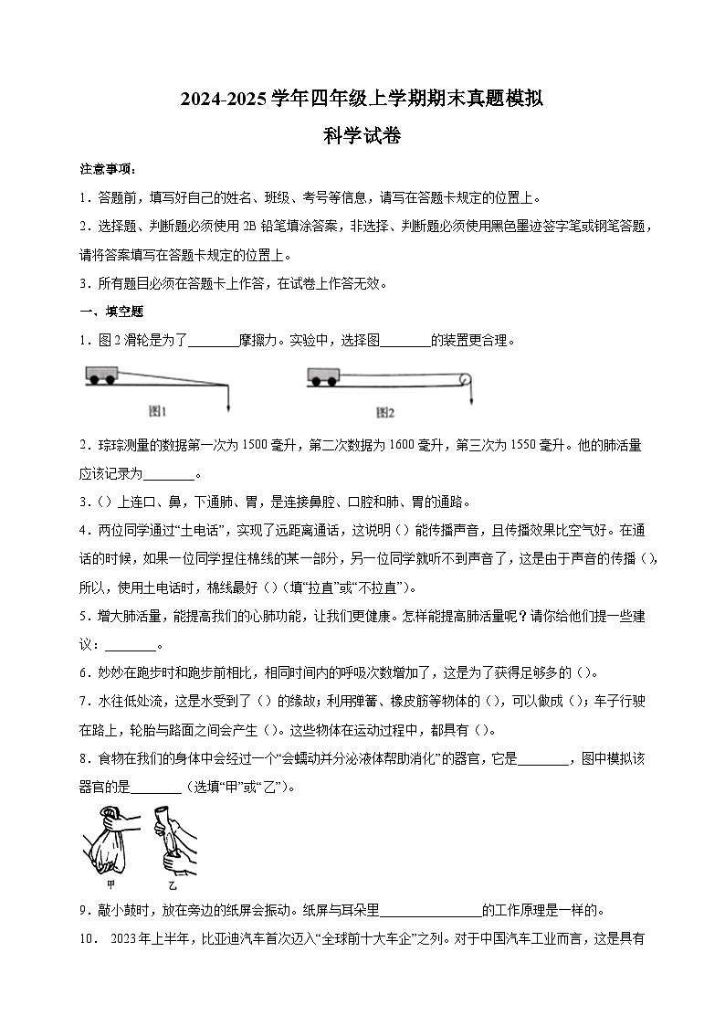2024-2025学年四年级科学上学期期末真题模拟试卷(教科版+含答案解析)第1页