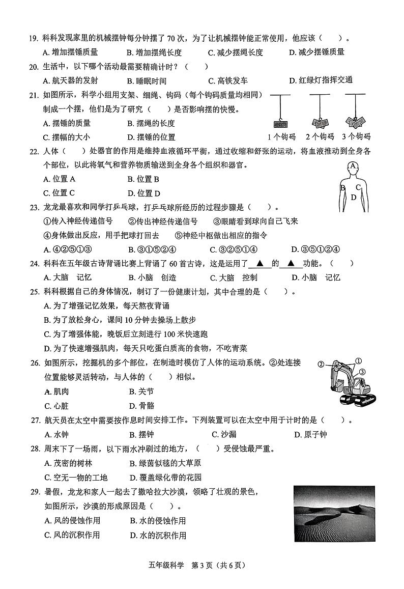 广东省深圳市龙岗区2024-2025学年五年级上学期期末科学试题第3页