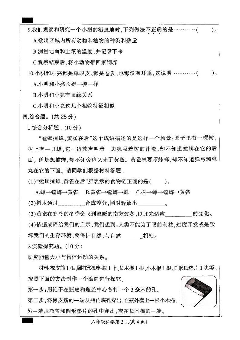 河北省保定市定州市2024-2025学年六年级上学期期末质量监测科学试题第3页