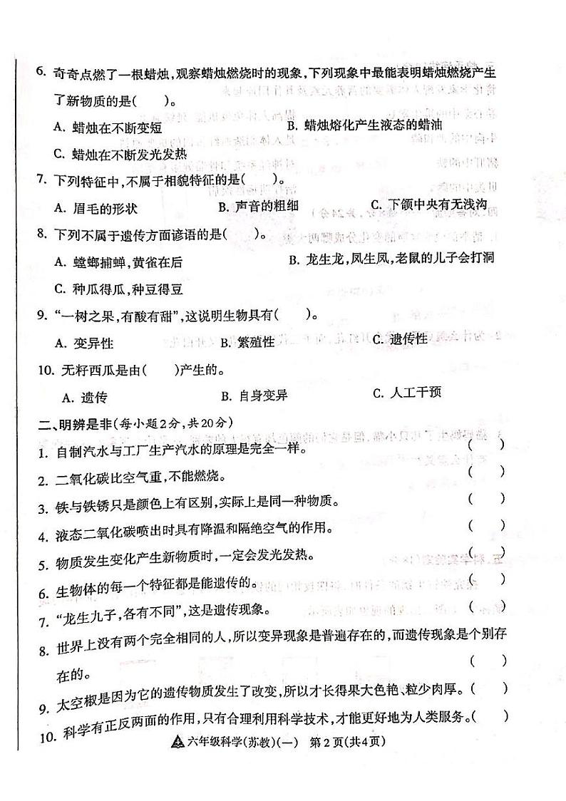 山西省吕梁市离石区呈祥路小学2024-2025学年第一学期六年级科学上册月考测试卷第2页