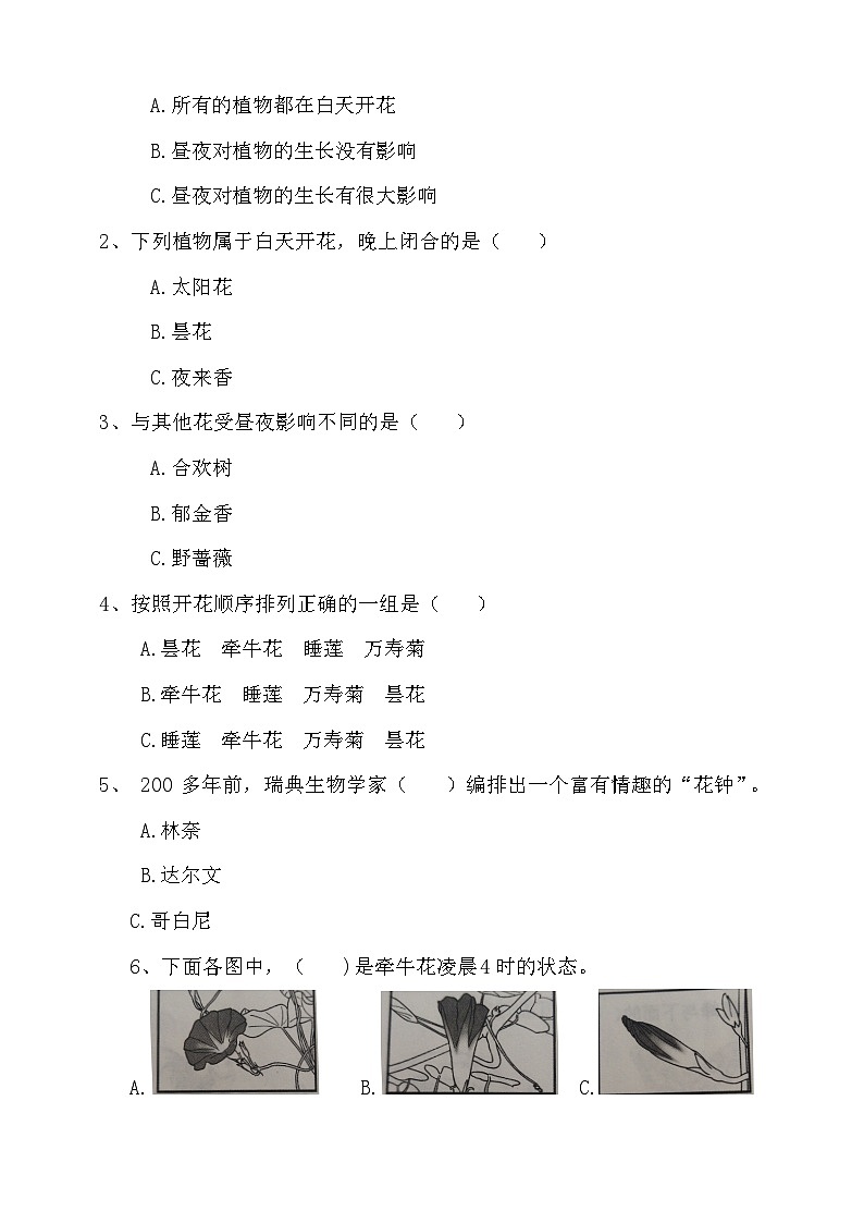 苏教版(2017)科学五下 3.10《昼夜对植物的影响》分层练习(含答案)第2页