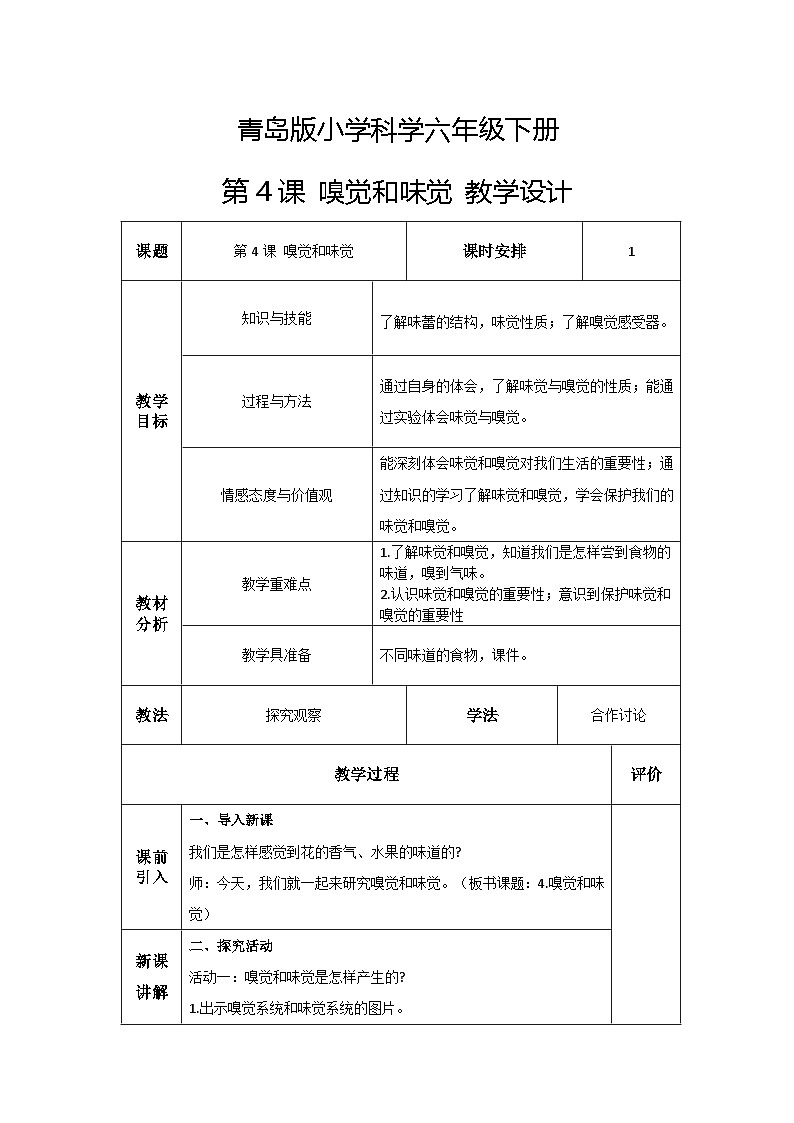 青島版六三制（2017）科學(xué)六年級下冊 第4課《嗅覺和味覺》教案第1頁