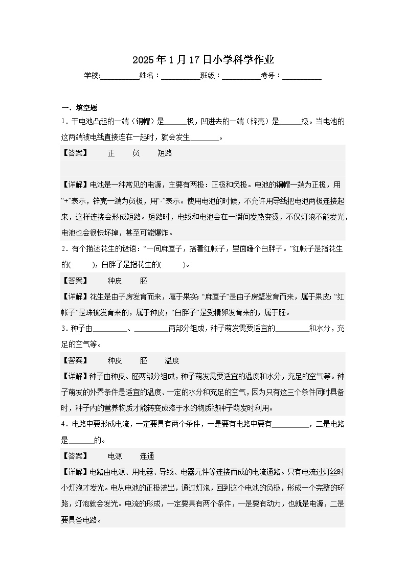 教科版（2017）四年级下册科学期中测试卷（A3+A4+pdf+解析）