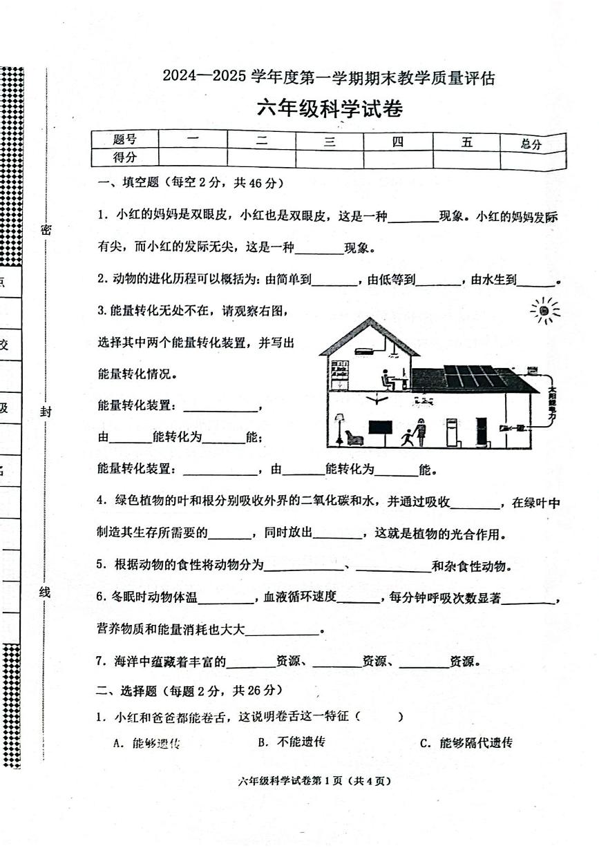 河北省沧州市青县2024-2025学年六年级上学期期末科学试卷