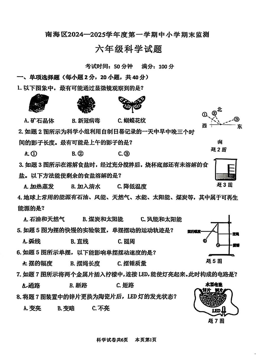 广东省佛山市南海区2024-2025学年六年级上学期期末科学试卷