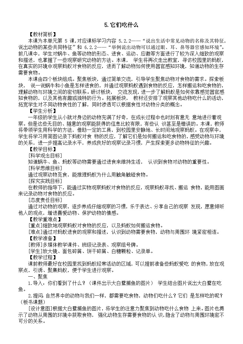 小学科学新教科版一年级下册第二单元第5课《它们吃什么》教案(2025春)第1页