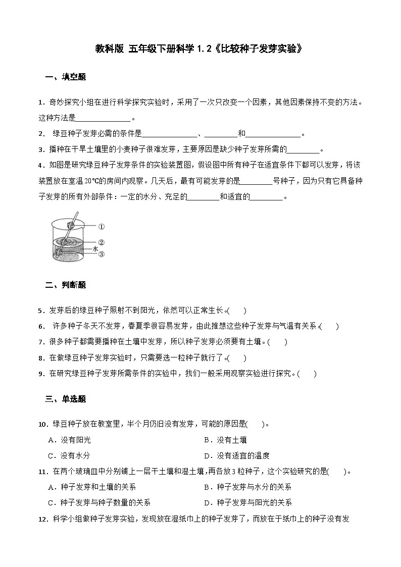 教科版科学五年级下册第1单元 2《比较种子发芽实验》同步练习(含解析)第1页