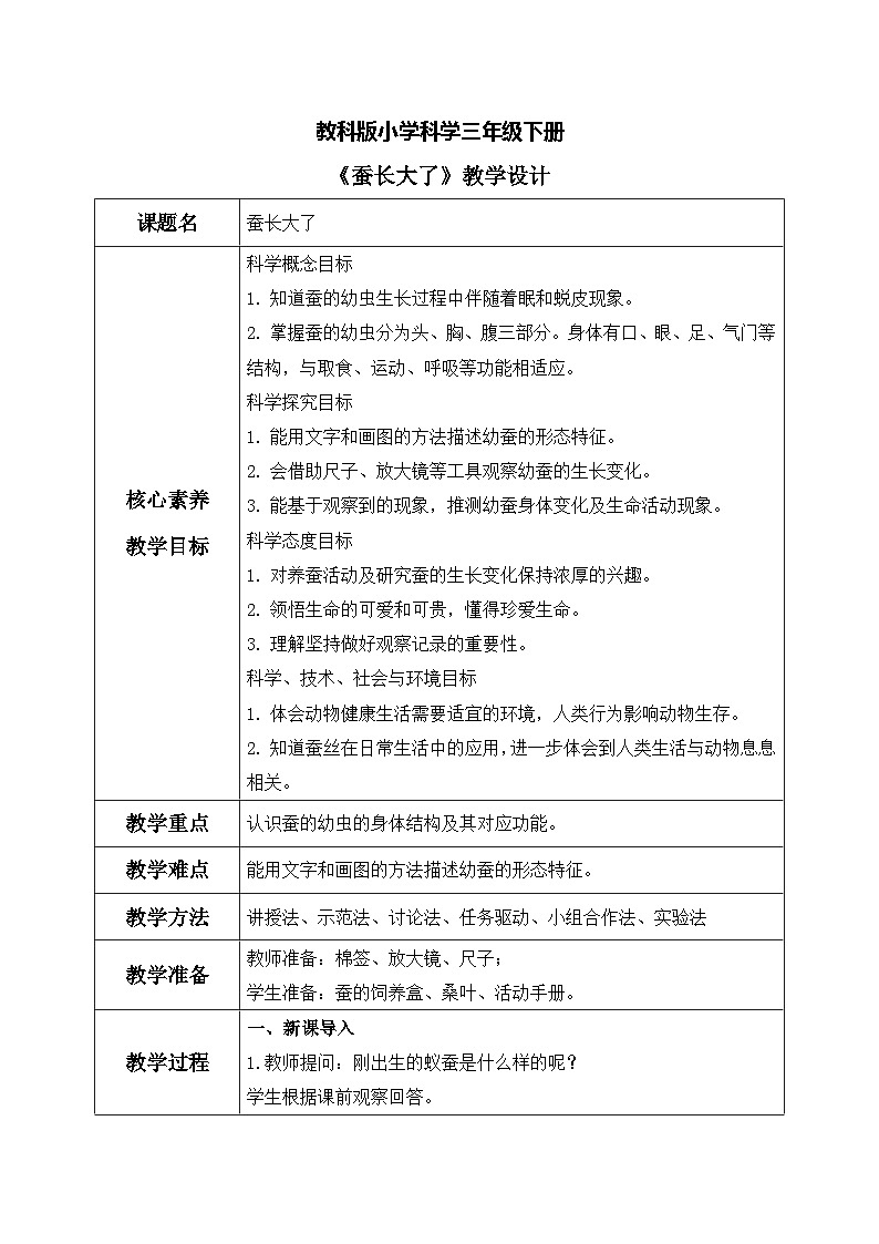 【核心素养目标】教科版科学三下 2.3 《蚕长大了》教学设计(表格式+教学反思)第1页