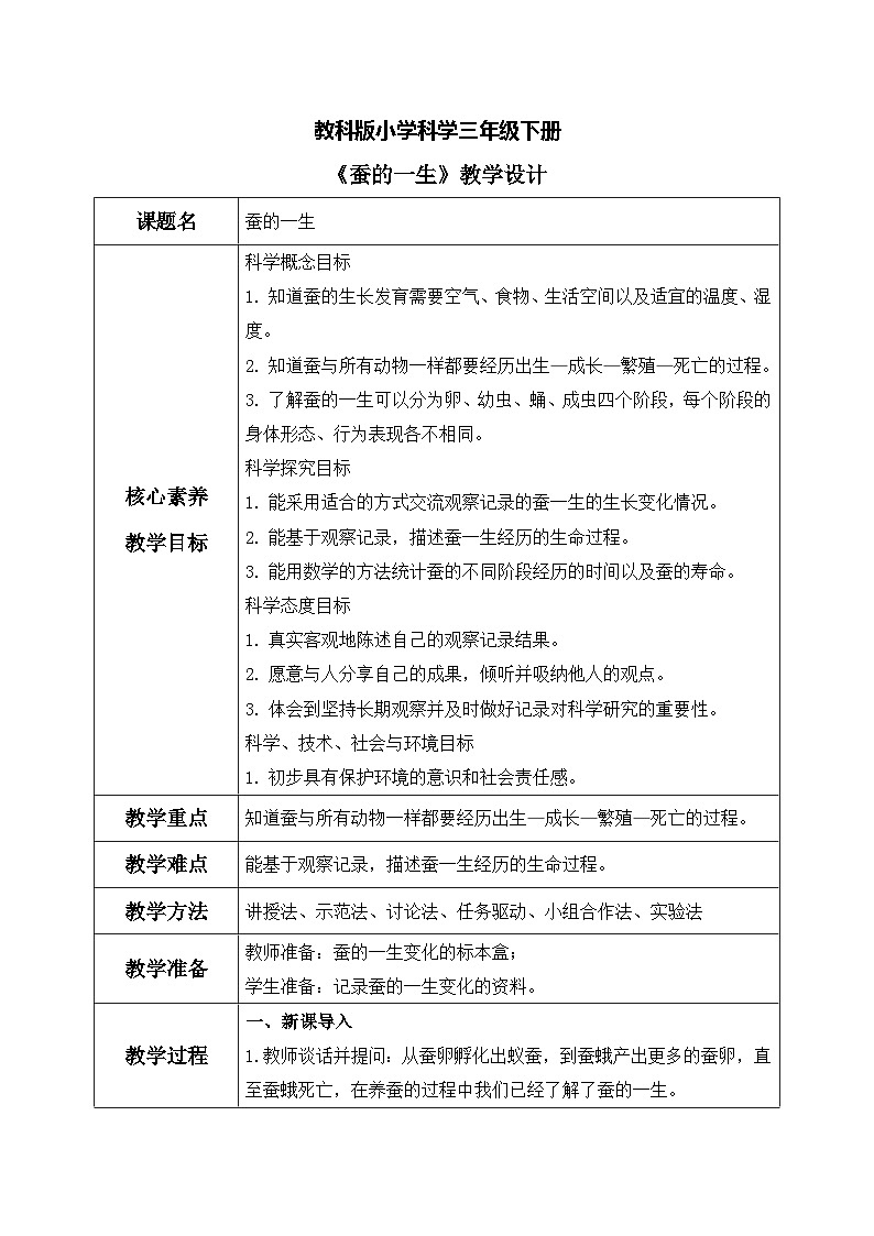 【核心素养目标】教科版科学三下 2.6 《蚕的一生》教学设计(表格式+教学反思)第1页
