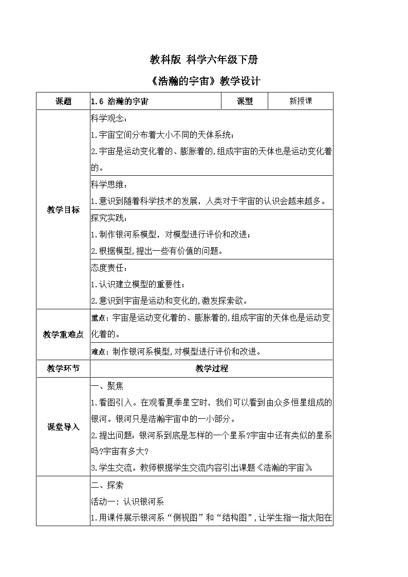 3.6 浩瀚的宇宙(教学设计)(教科版)第1页