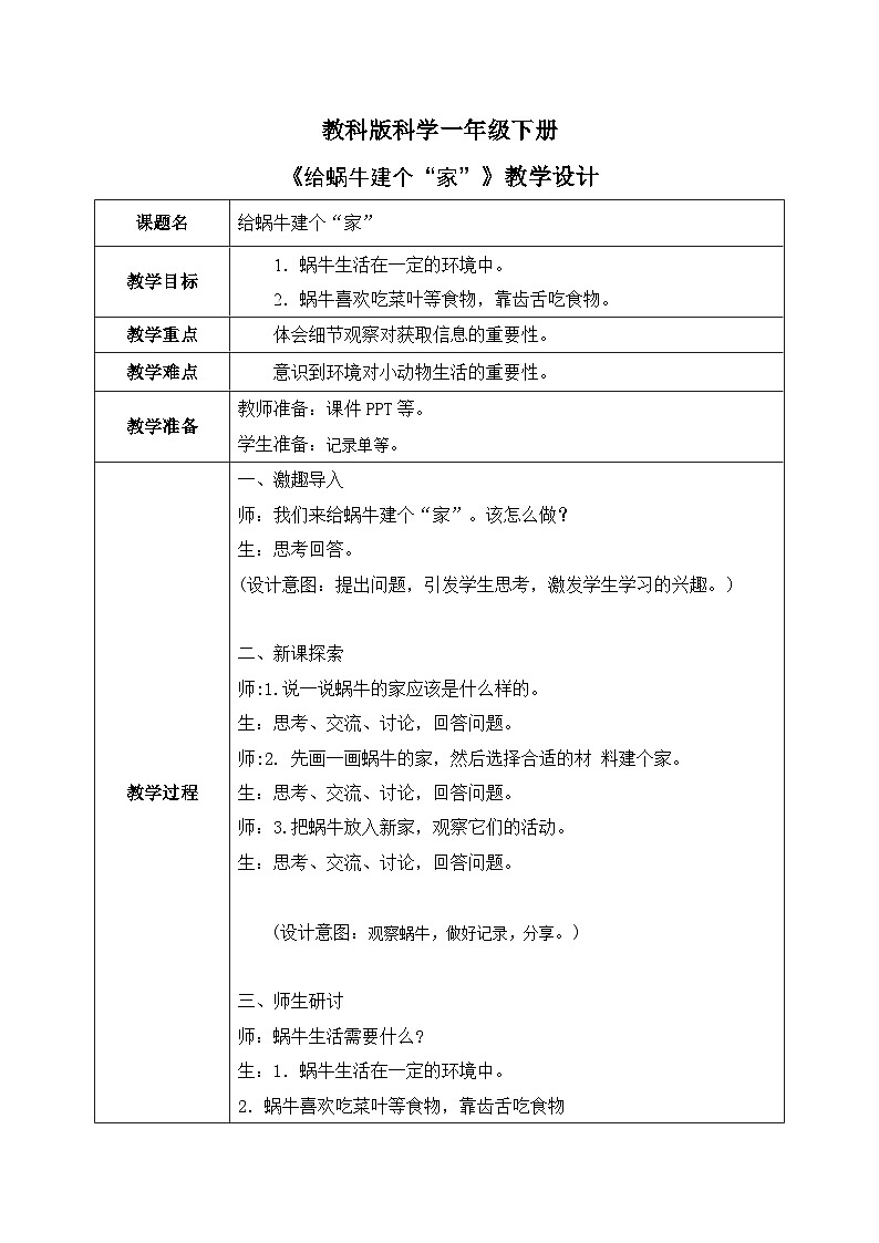 第2.3课 给蜗牛建个“家”(教学设计)25春新教材教科版一年级下册.pptx第1页