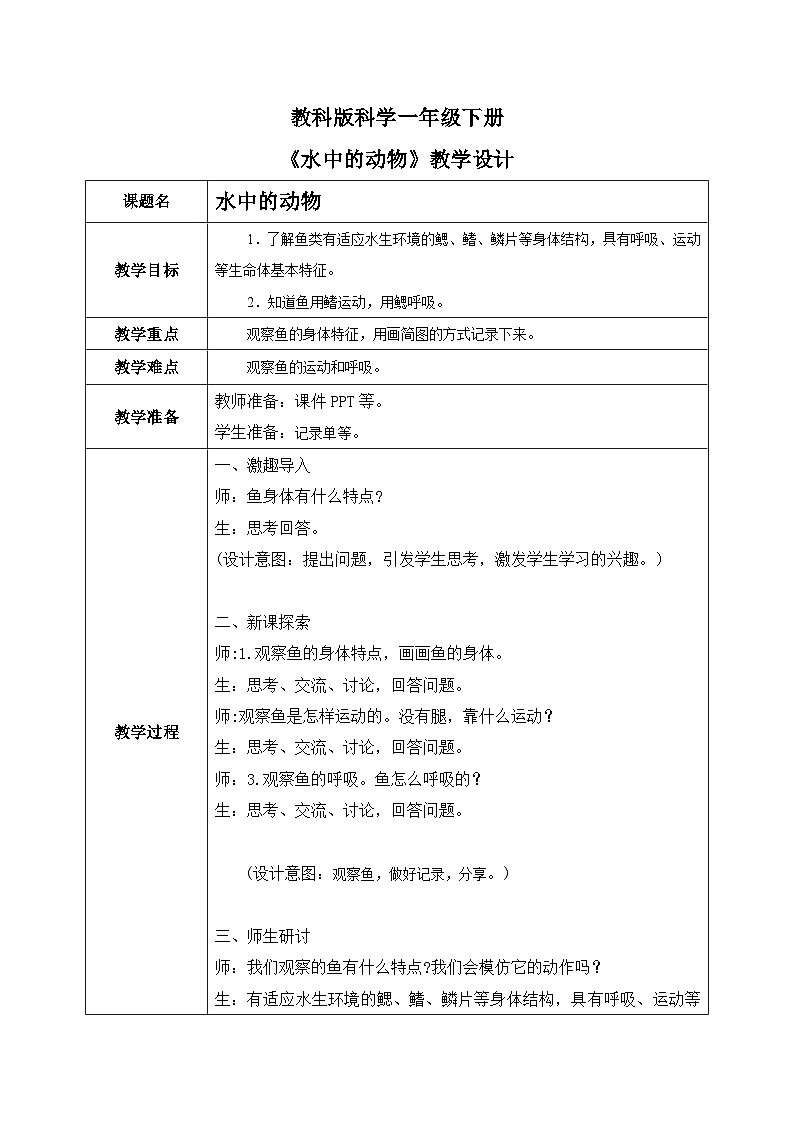 第2.4课 水中的动物(教学设计)25春新教材教科版一年级下册.pptx第1页