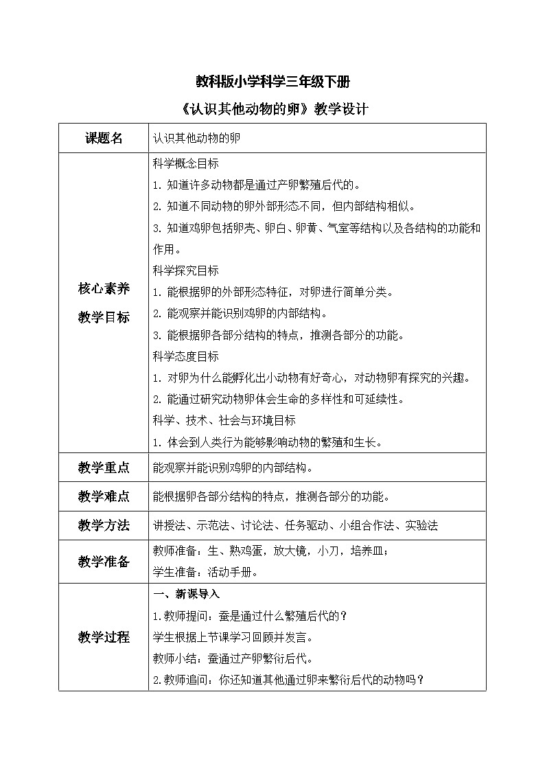 【核心素养目标】教科版科学三下 2.2 《认识其他动物的卵》教学设计(表格式+教学反思)第1页