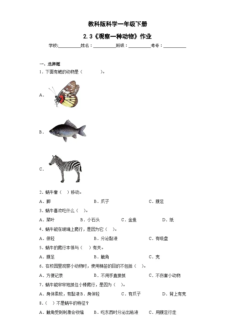 第2.2课 观察一种动物(同步练习)新教材教科版一年级下册第1页
