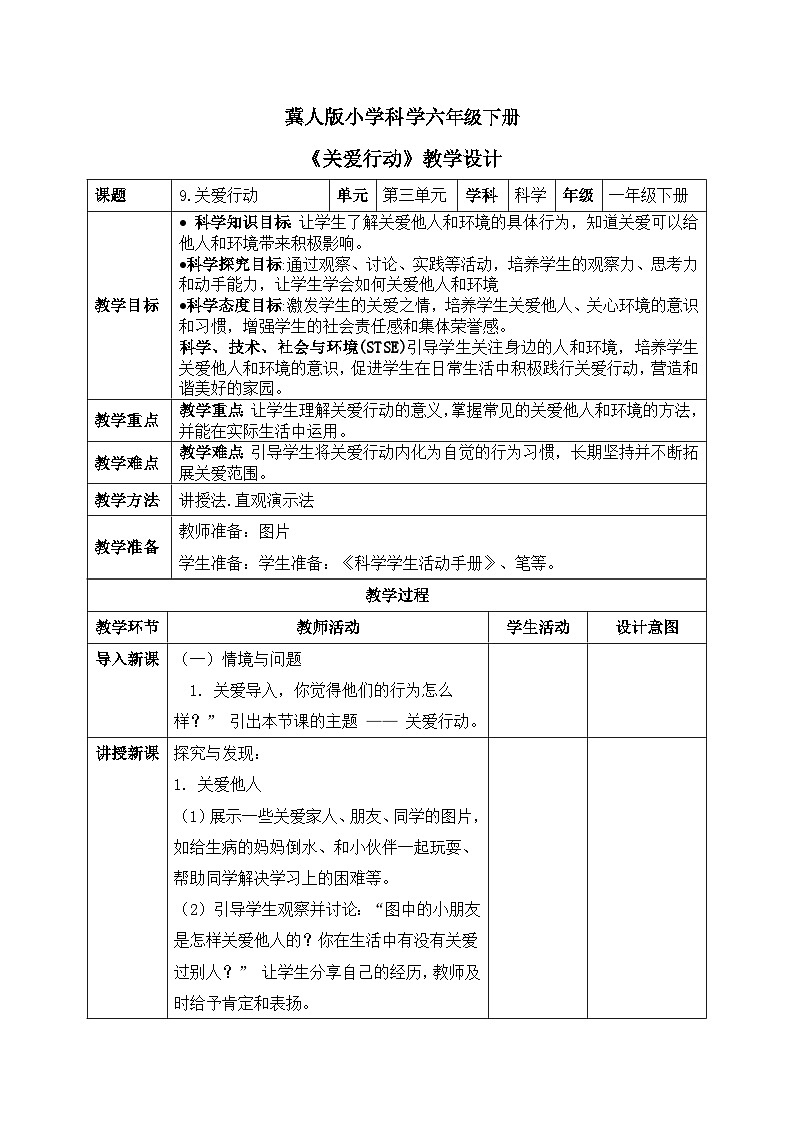 【核心素養(yǎng)目標(biāo)】冀人版小學(xué)科學(xué)一年級下冊 《9.關(guān)愛行動》  教案第1頁