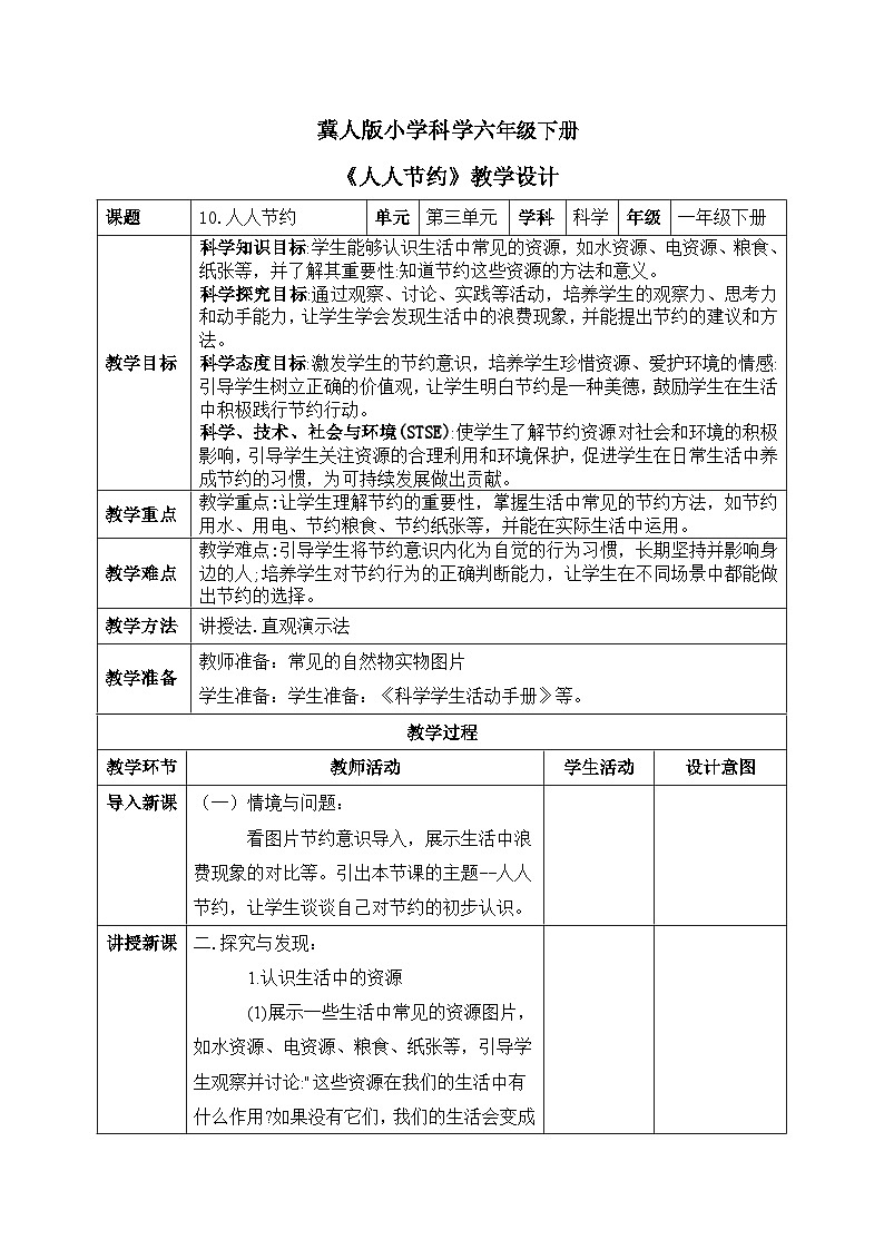 【核心素養(yǎng)目標(biāo)】冀人版小學(xué)科學(xué)一年級(jí)下冊(cè) 《10.人人節(jié)約》  教案第1頁(yè)