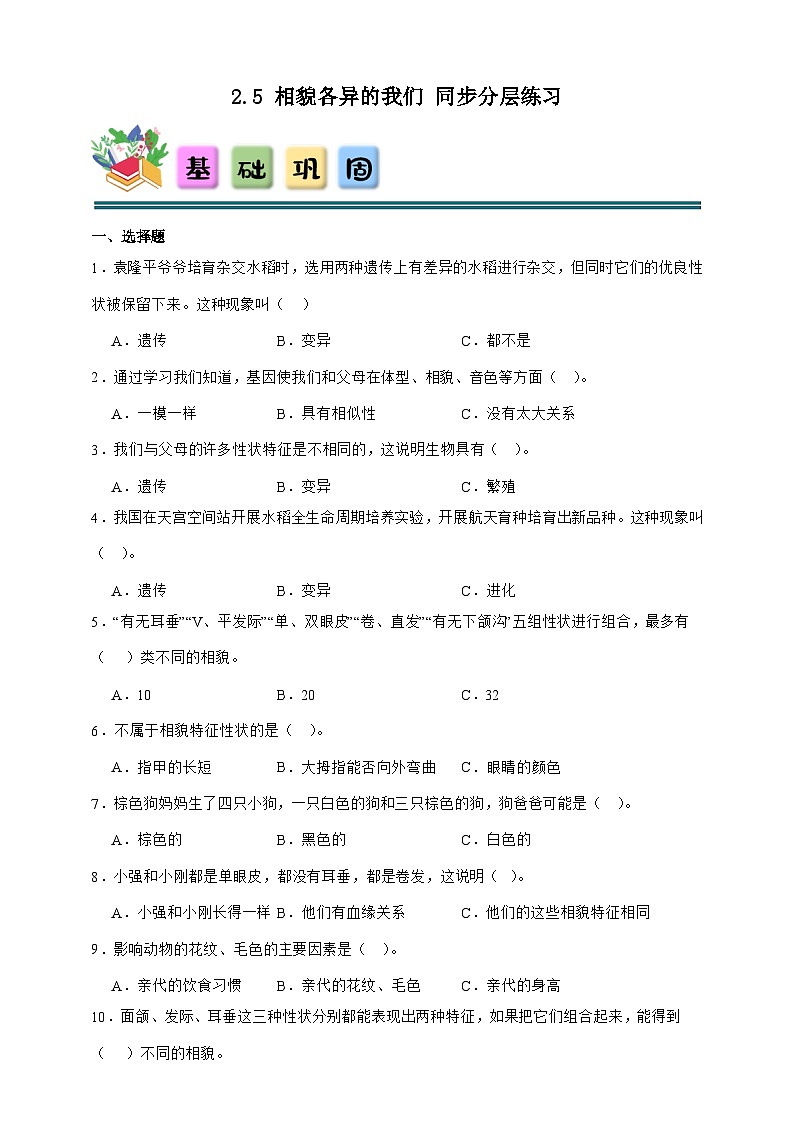 2.5 相貌各异的我们 同步分层练习(含答案)-教科版六年级下册科学第1页