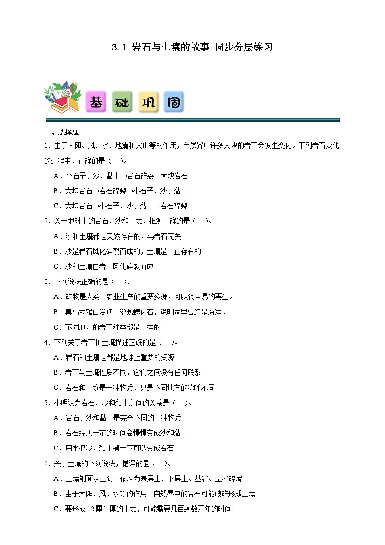 3.1岩石与土壤的故事 同步分层练习(含答案)-教科版四年级下册科学第1页