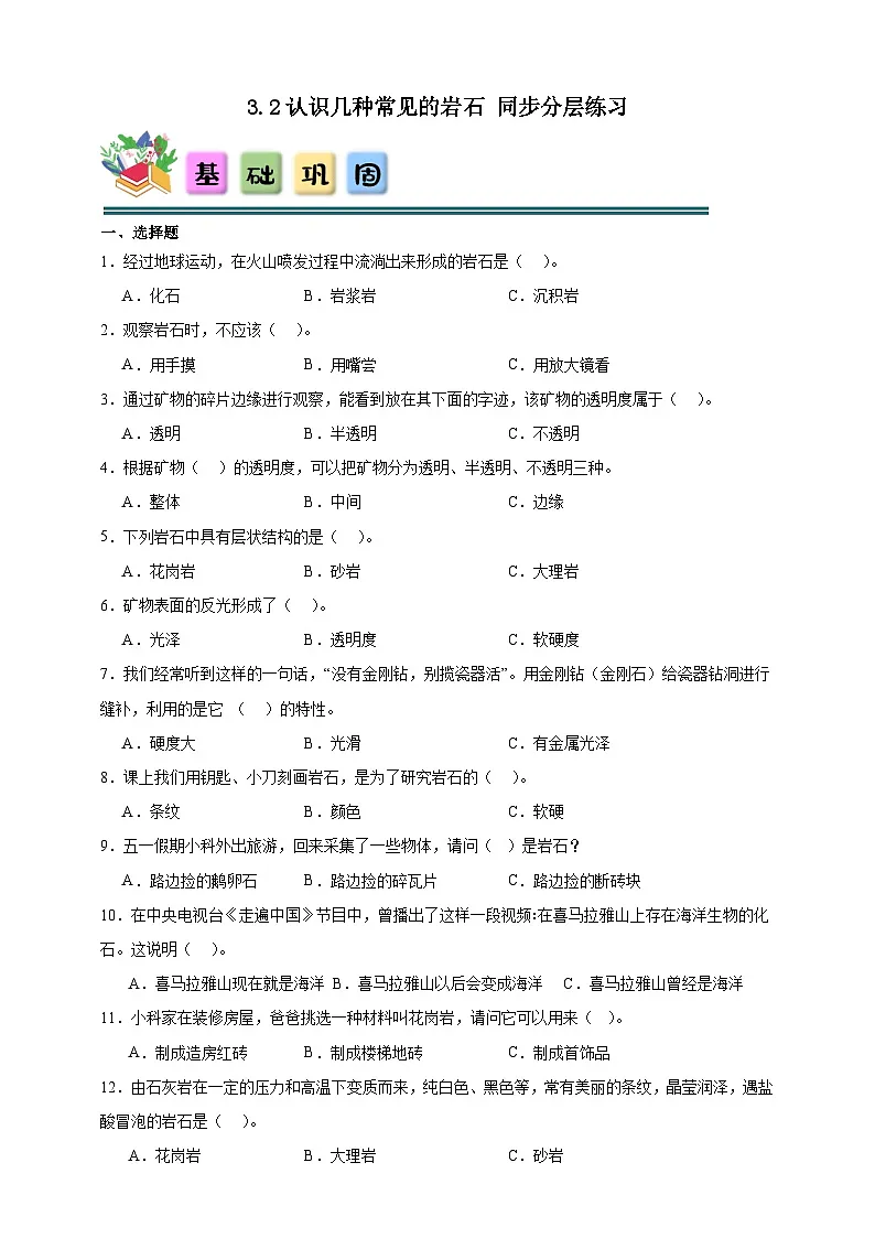 3.2认识几种常见的岩石 同步分层练习(含答案)-教科版四年级下册科学第1页