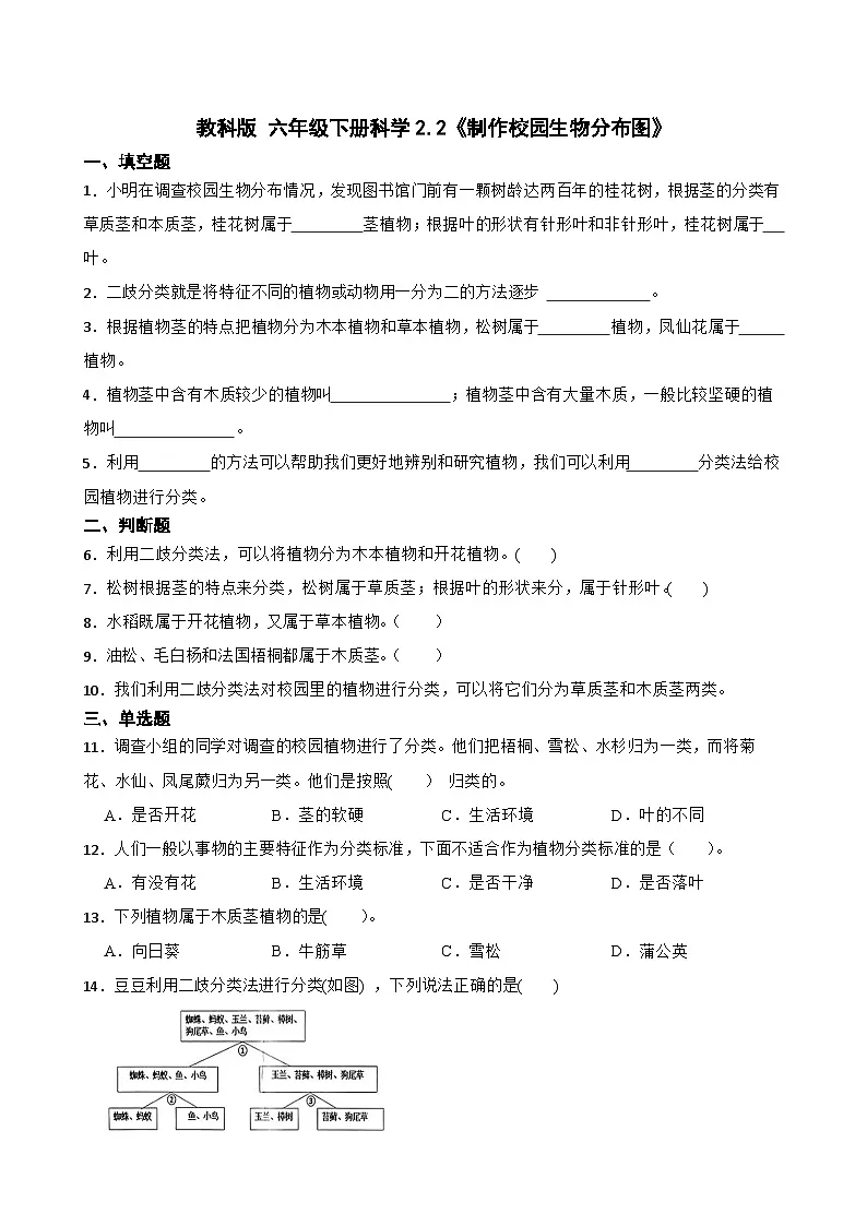 教科版科学六年级下册第2单元 2《制作校园生物分布图》同步练习(含解析)第1页