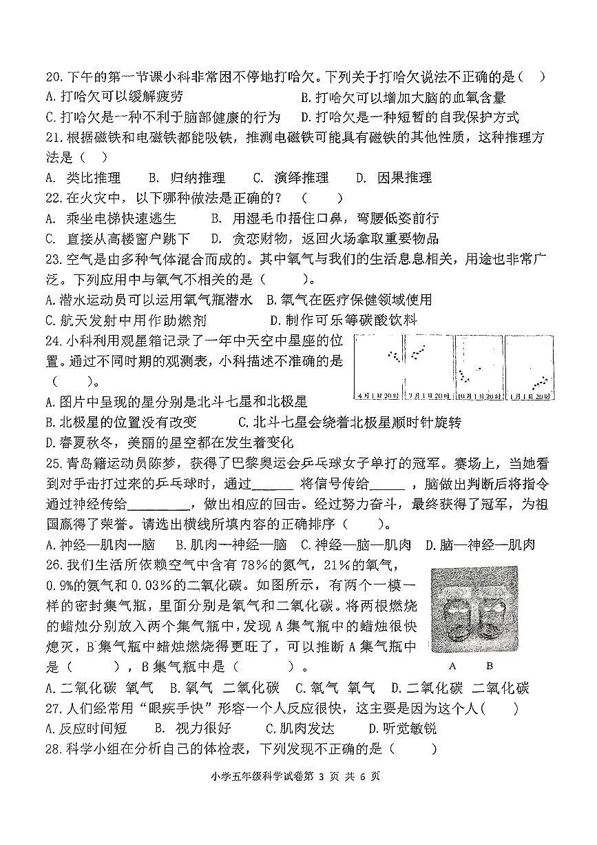 山东省青岛市城阳区2024-2025学年五年级下科学期中试卷第3页