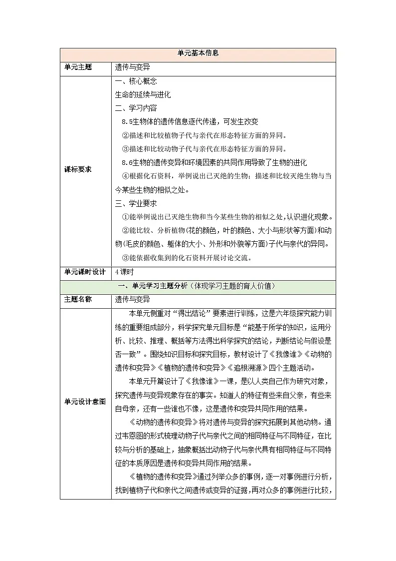 【大单元整体教学】第四单元《遗传与变异》整体设计第1页