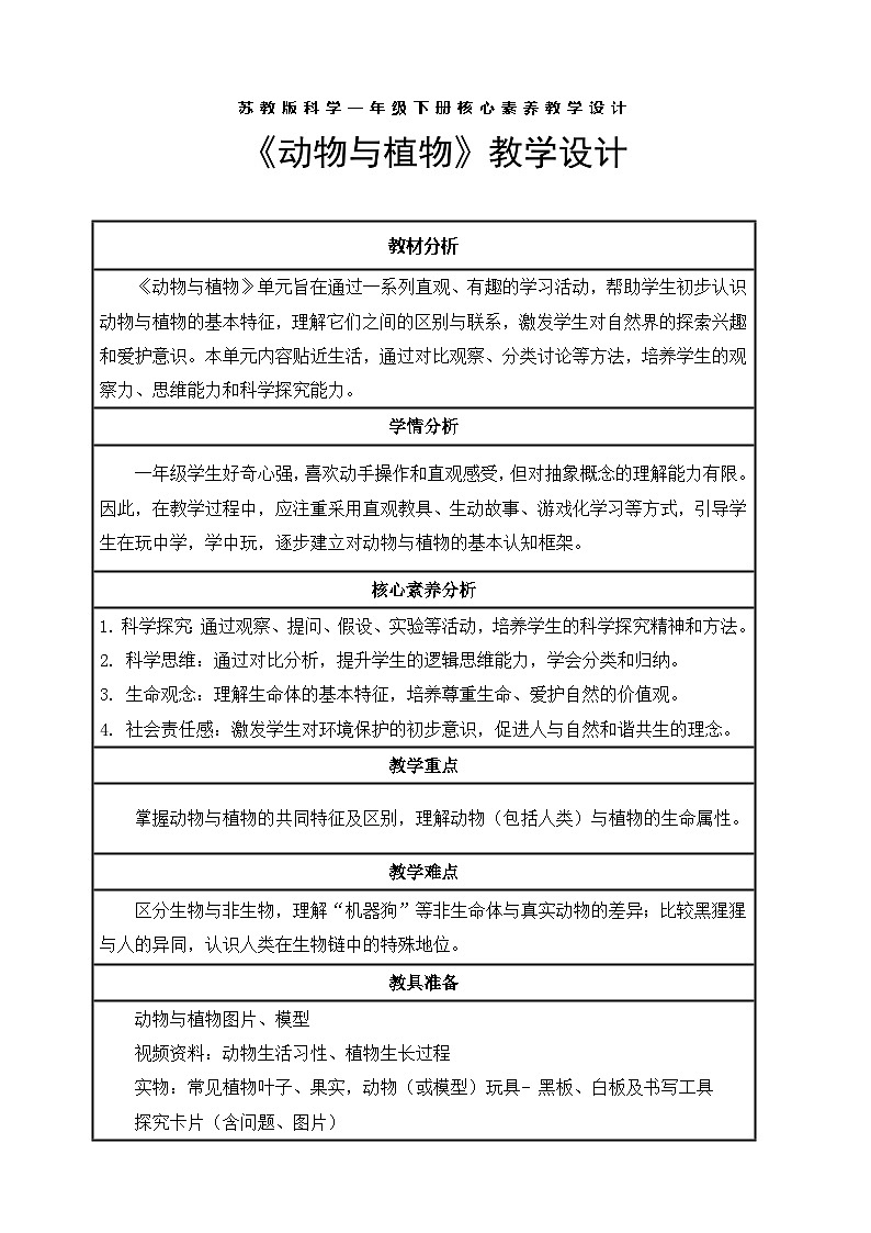 【核心素养】苏教版(新教材)科学一下4.12《动物与植物》教案含反思第1页