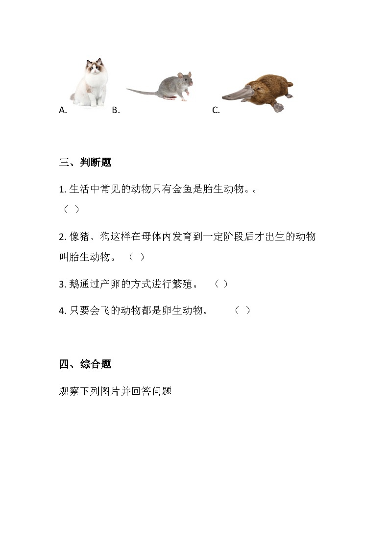 三年级科学上册(大象版)第2.1课 动物的繁殖(同步练习)(含答案)第2页