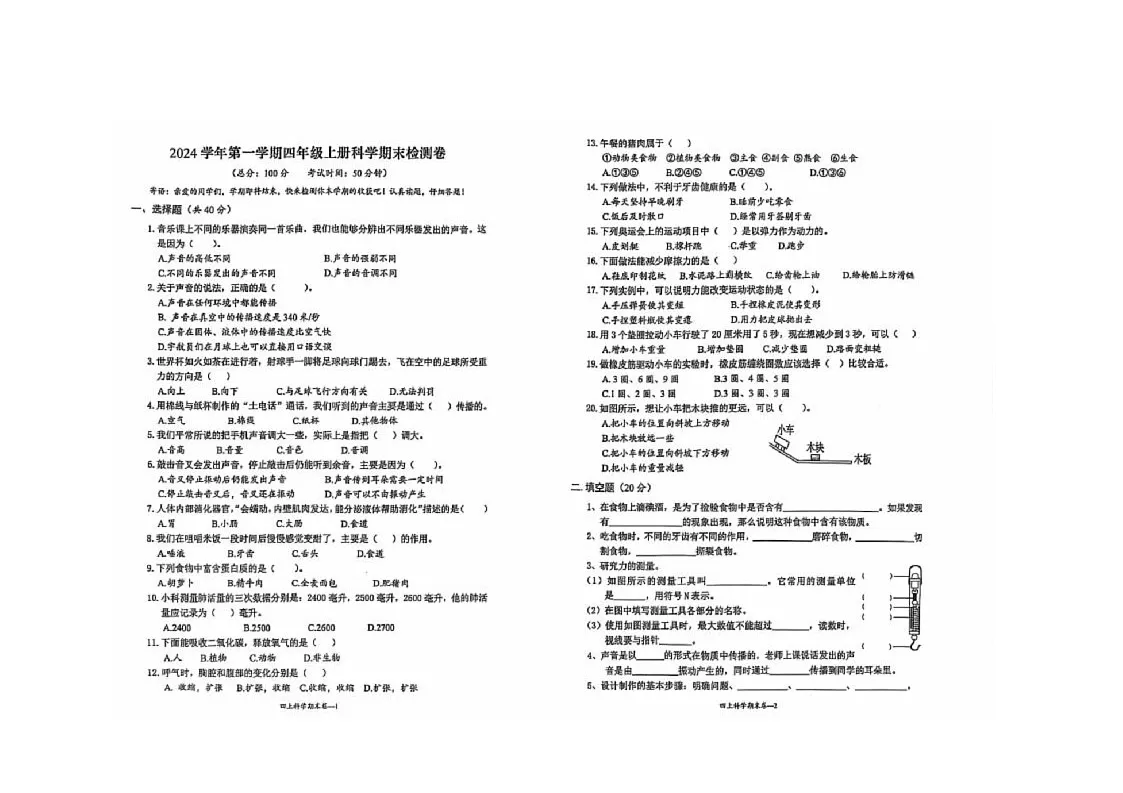 浙江省台州市玉环市2024-2025学年四年级上学期期末科学试卷第1页