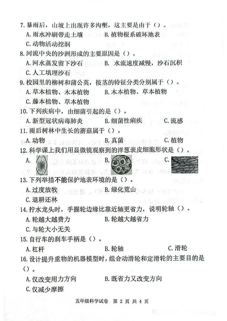 河北省唐山市迁安市2024-2025学年第二学期五年级科学期末试卷(无答案)第2页